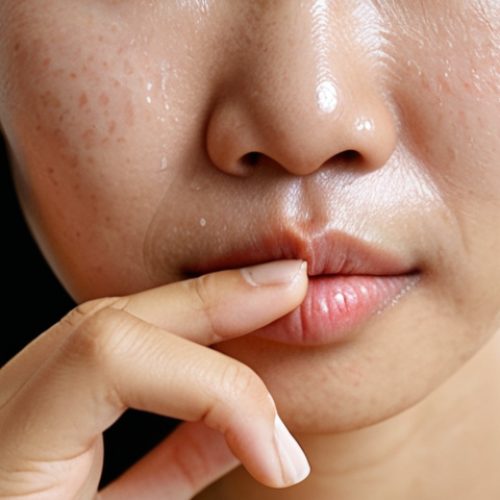 **Image Prompt:** A close-up shot of a Vietnamese woman's face, gently pressing her finger on her cheek. The skin should show a slight indentation that slowly fades, illustrating the concept of skin lacking elasticity and needing hydration. Soft, natural lighting, with a focus on skin texture and the subtle signs of dehydration. Include traditional Vietnamese skincare products in the background, blurred for context.